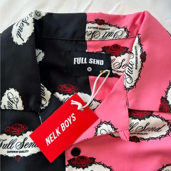 Full Send Nelk Boys Split Rose Logo Shirt Pink Black Button Up Size Medium NWT - Picture 9 of 12
